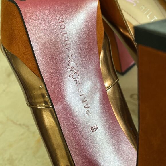Paris Hilton Rebecca Camel Suede/Copper/Tan Leather Platform Pumps - Picture 11 of 13